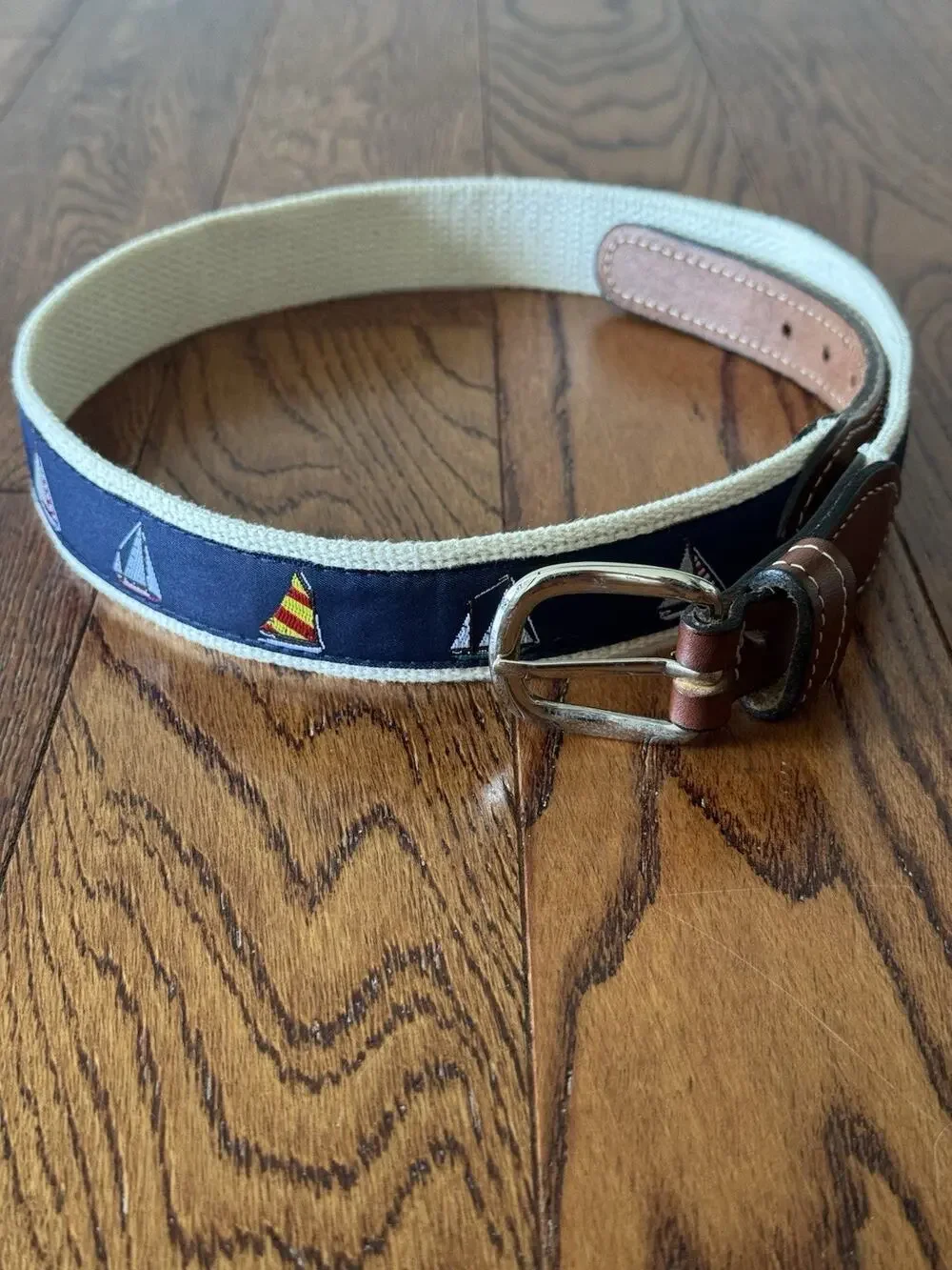 Sailboats Nautical Leather Tip Belt Mens 30 Khaki Web Brass Buckle Embroidered